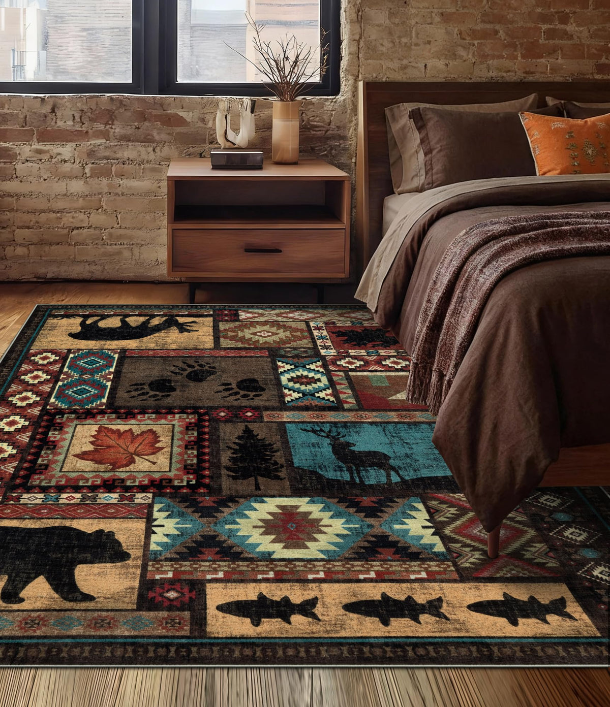 YIHOUSE Rustic Cabin Area Rug 5x7,Machine Washable Lodge Bear Rug,Non-Slip Low Pile Print Pattern Southwestern Rug for Living Room Bedroom