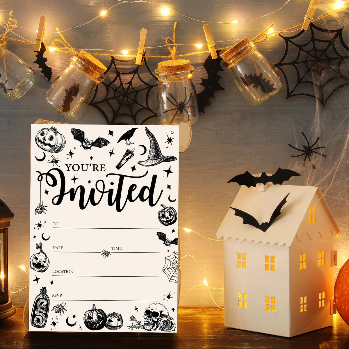 JarThenaAMCS 25 Sets Halloween Party Invitations with Envelopes Stickers Beige Black Pumpkin Skull Spider Invites for Halloween Celebration, 5 x 7 Inch