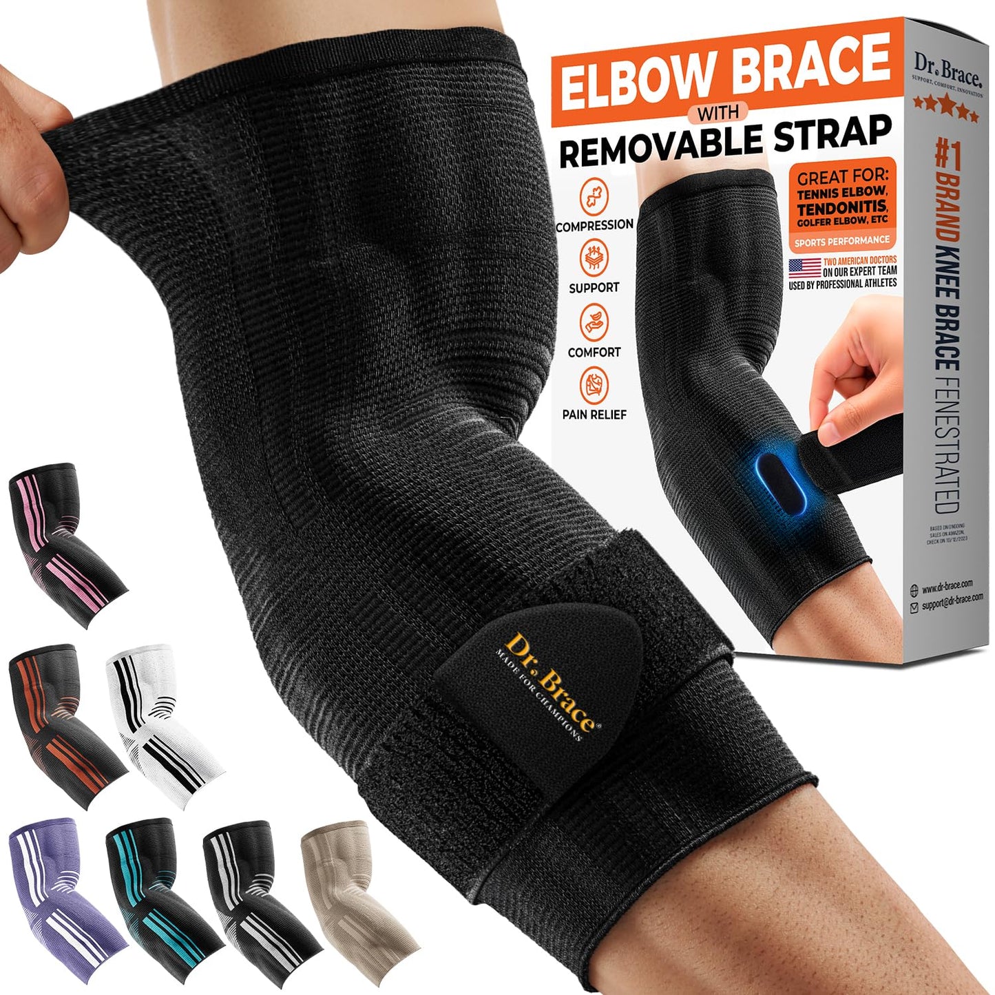 DR. BRACE® Elite Elbow Brace Support with Removable Strap for Women & Men, Pain Relief for Tendonitis, Arthritis, Golfer's & Tennis Elbow Treatment, Elbow Sleeve for Workouts Weightlifting (Black, Large)
