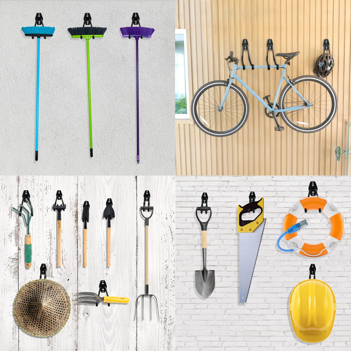 HUPBIPY Heavy Duty Garage Hooks 4 Pack, 7.7 inch U Shaped Long Hanger, with 2 Extension Cord Holder Organizer, Wall Mounted Storage System, for Power and Garden Tool Hanging， Ladders, Bikes, Hose