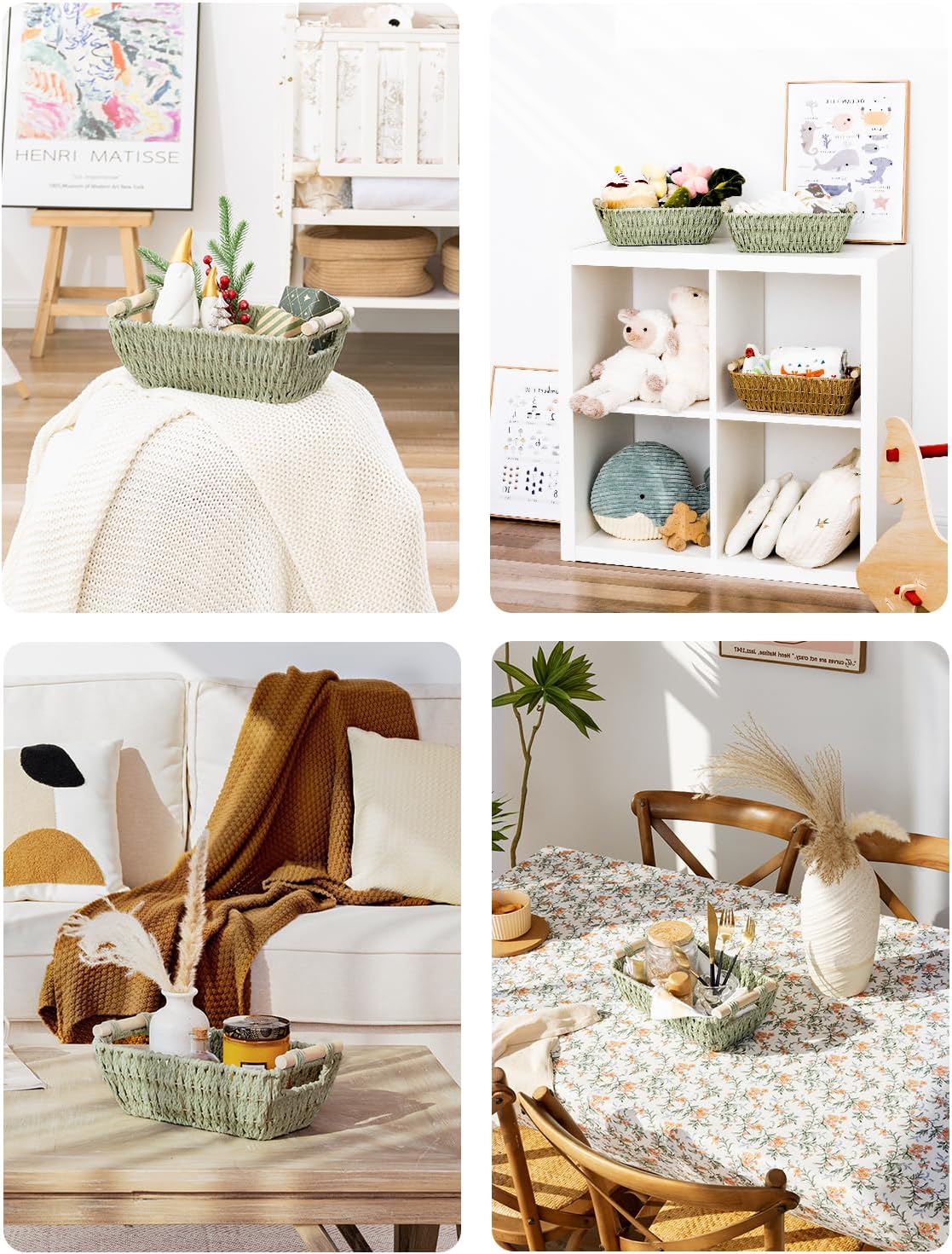 StorageWorks Round Woven Basket - Paper Rope with Wooden Handles | Bosana Green, 2-Pack for Gifts & Storage