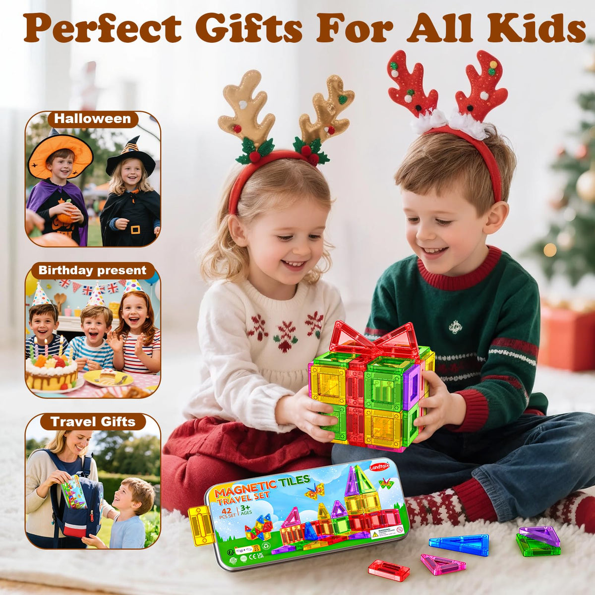 Mini Magnetic Tiles Travel Magnetic Tiles with Iron Box,42PCS Magnet Building Block Set Travel Toys for Kids Ages 3+,Educational Portable Magnet Toys Gifts for Toddlers Boys & Girls Christmas Birthday