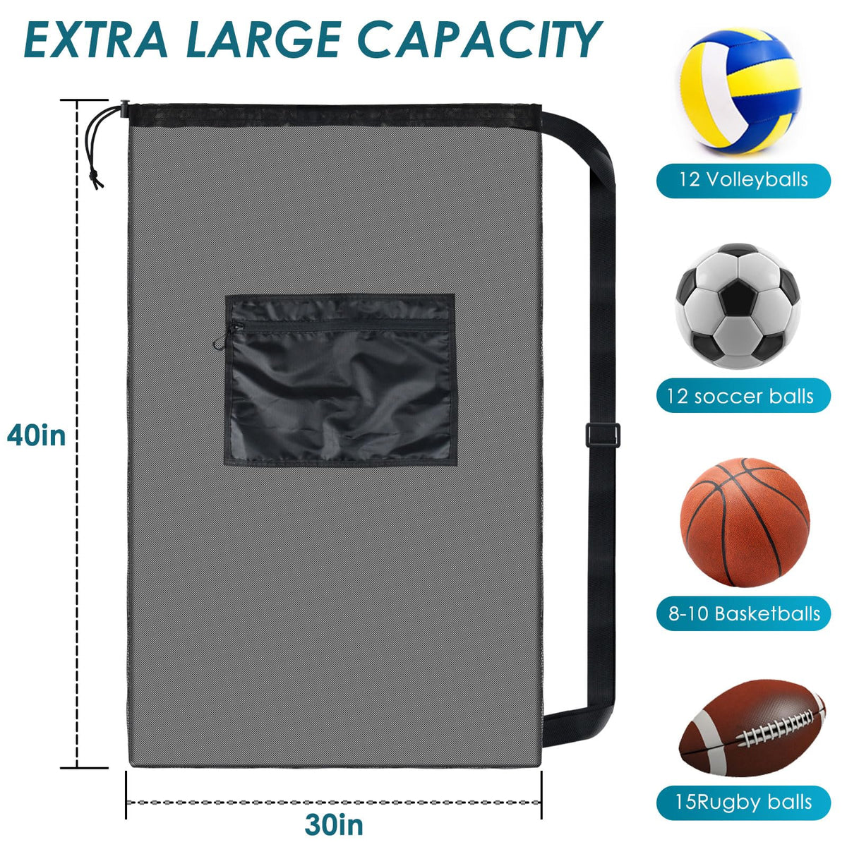 BROTOU 5PCS Extra Large Mesh Sports Ball Bags - Soccer Ball Bag Drawstring Bags with Shoulder Strap for Basketball, Volleyball, Swimming Gear (Black, 40"x30")