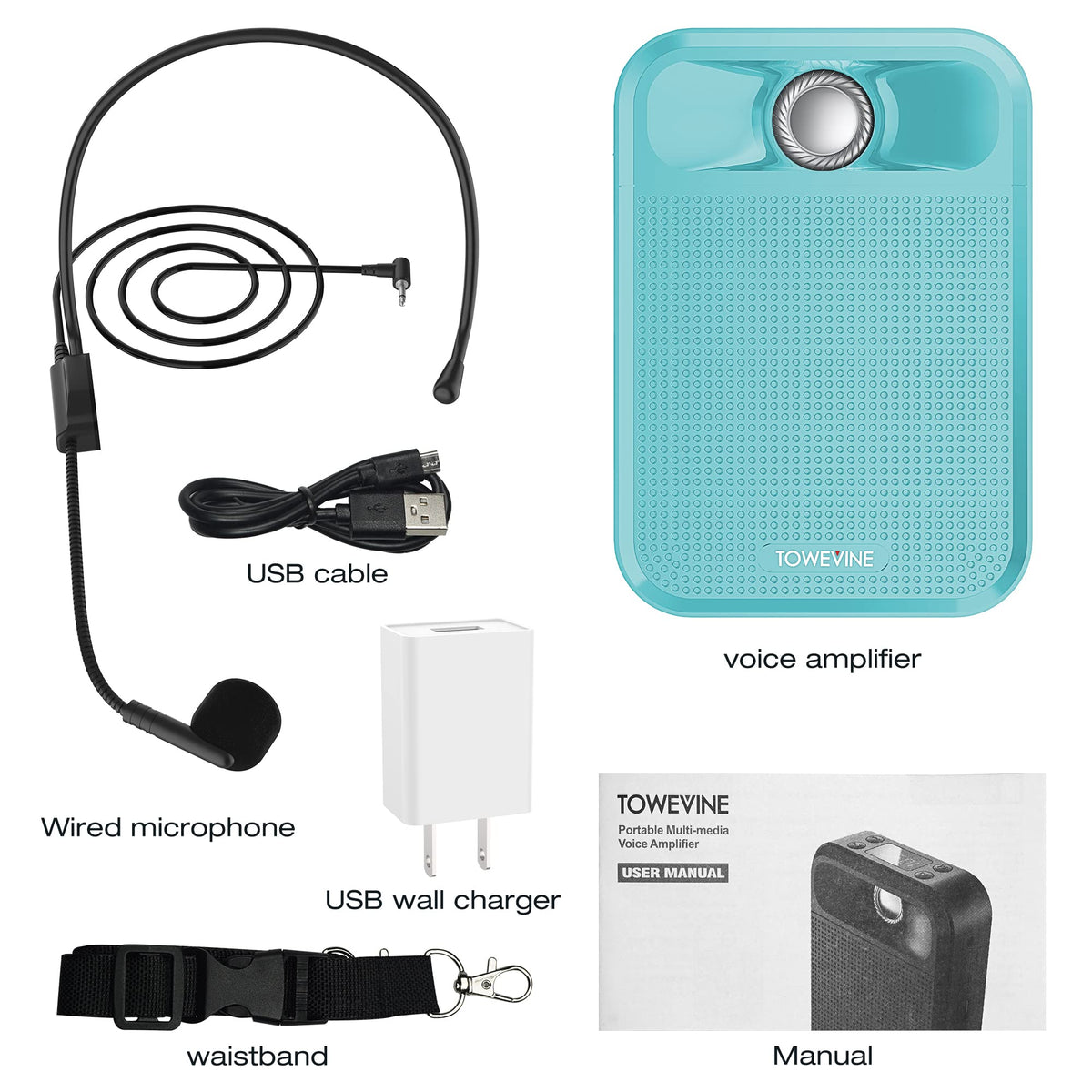 Voice Amplifier, Towevine Portable Rechargeable Microphone Speaker with Headset and Waistband for Teachers, Classroom, Singing, Coach, Training, Presentation, Tour Guide - Blue