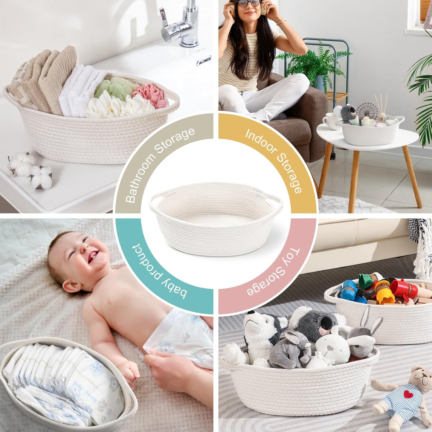 Skiennix Small Woven Baskets - Cute Nursery Storage with Gift Bags & Ribbons | 12"x 8"x 5", White
