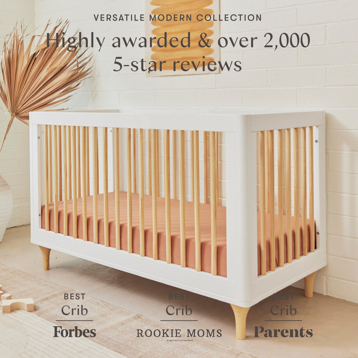 Babyletto Lolly 3-in-1 Convertible Crib with Toddler Bed Conversion Kit in White and Natural, Greenguard Gold Certified