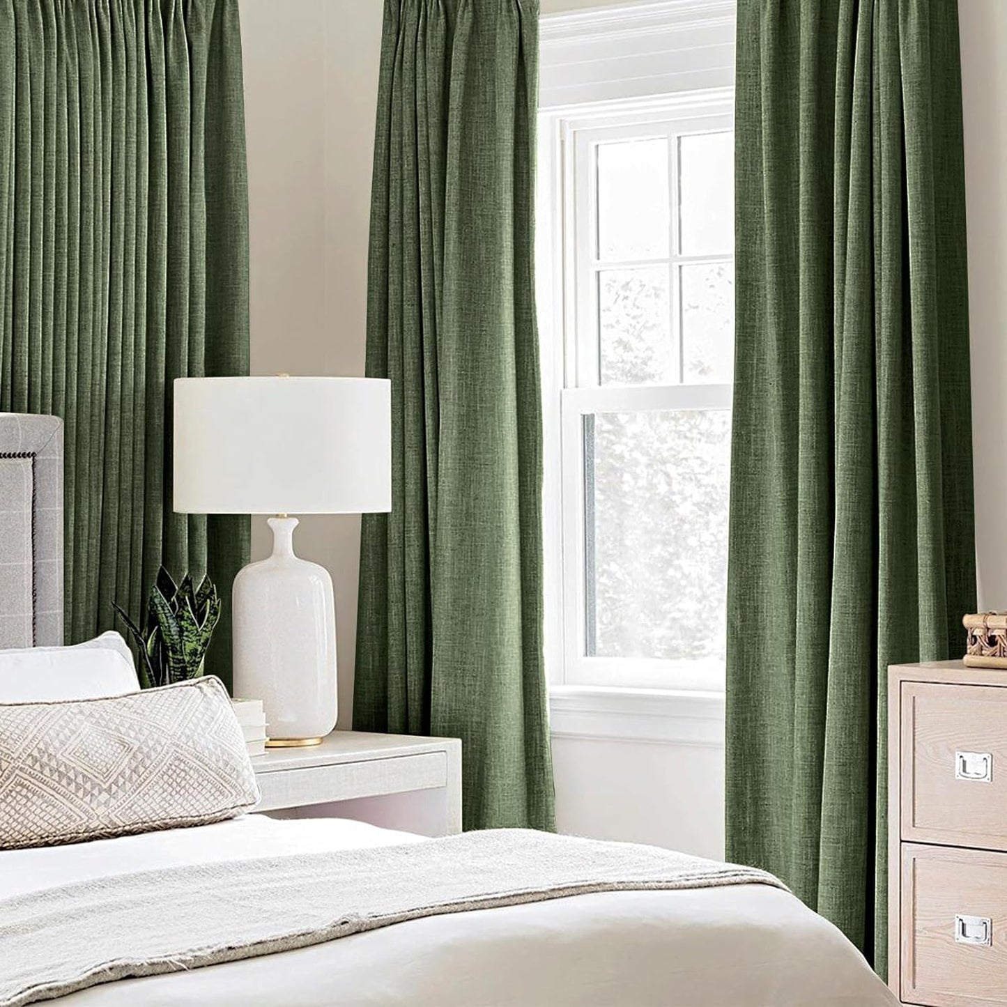 MIULEE Blackout Linen Textured Curtains - Thermal Insulated Olive Green Drapes | 52 x 84 Inch (2 Panels)