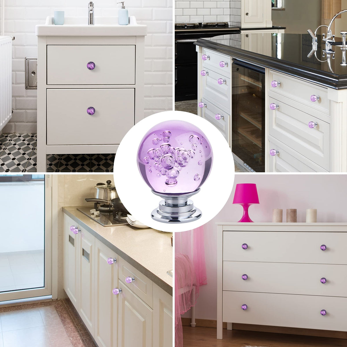 IEIK 10 PCS Crystal Cabinet Knobs Round Glass Bubbles Dresser Knobs Smooth Drawer Knobs Handle for Home, Cabinet, Drawer and Dresser Hardware with 3 Different Size Screws, 30MM (Purple)
