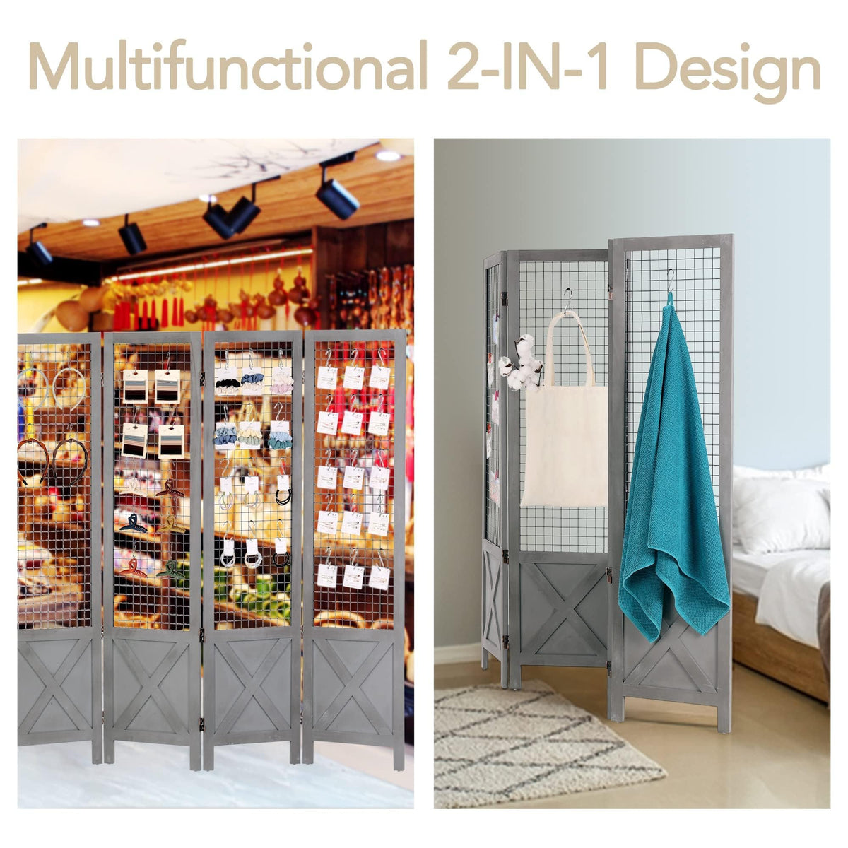Wnutrees 4 Panel Gridwall Display, Portable Freestanding Display Board for Craft/Art Shows, Retail, Events, Decorative Wood Room Divider Folding Screens, Grey