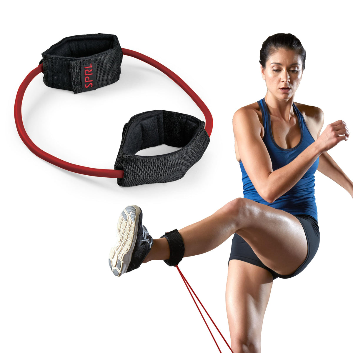 SPRI Xercuff Leg Resistance Band Exercise Cord with Non-Slip Padded Ankle Cuffs, Red, Medium