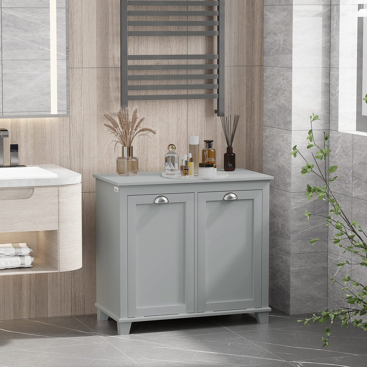Tilt-Out Laundry Sorter Cabinet, Bathroom Storage Organizer with Two-Compartment Tilt-Out Hamper, Gray