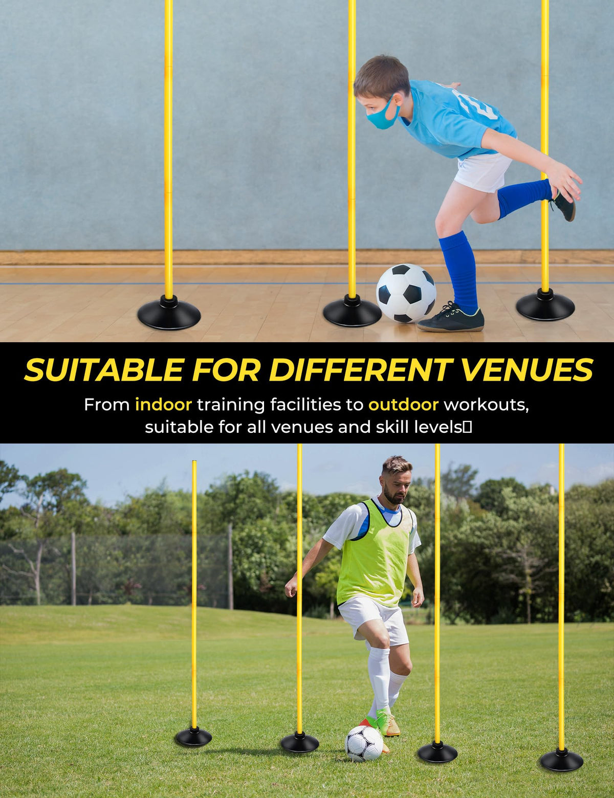 SEAOTTER 6ft Soccer Agility Poles Set, 10 Pcs Detachable Sports Trainning Speed Poles Slalom Poles with Rubber Base, Sport Agility Training Equipment for Football, Rugby, Basketball, Indoor & Outdoor