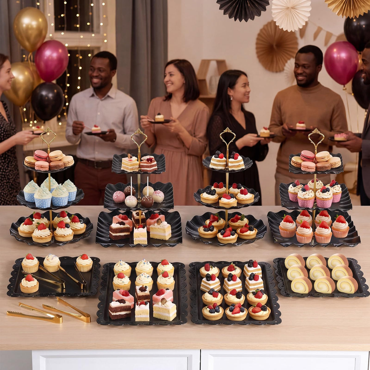 Remerry 16 Pcs Dessert Table Display Set 3 Tier Cupcake Stands Tower Holder Plastic Cookie Serving Trays Gold Serving Tongs for Tea Party Wedding Baby Shower Birthday Table Display(Black)