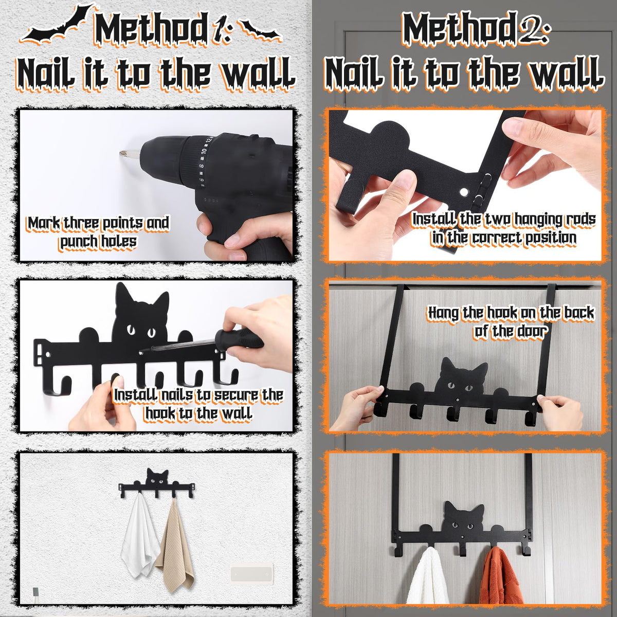 Moxweyeni Black Cat Over the Door Hooks Heavy Duty Organizer Rack for Towel Wall Mount Bathroom Decor Door Hanger Hooks for Hat Coat Cloth Keychain Bag