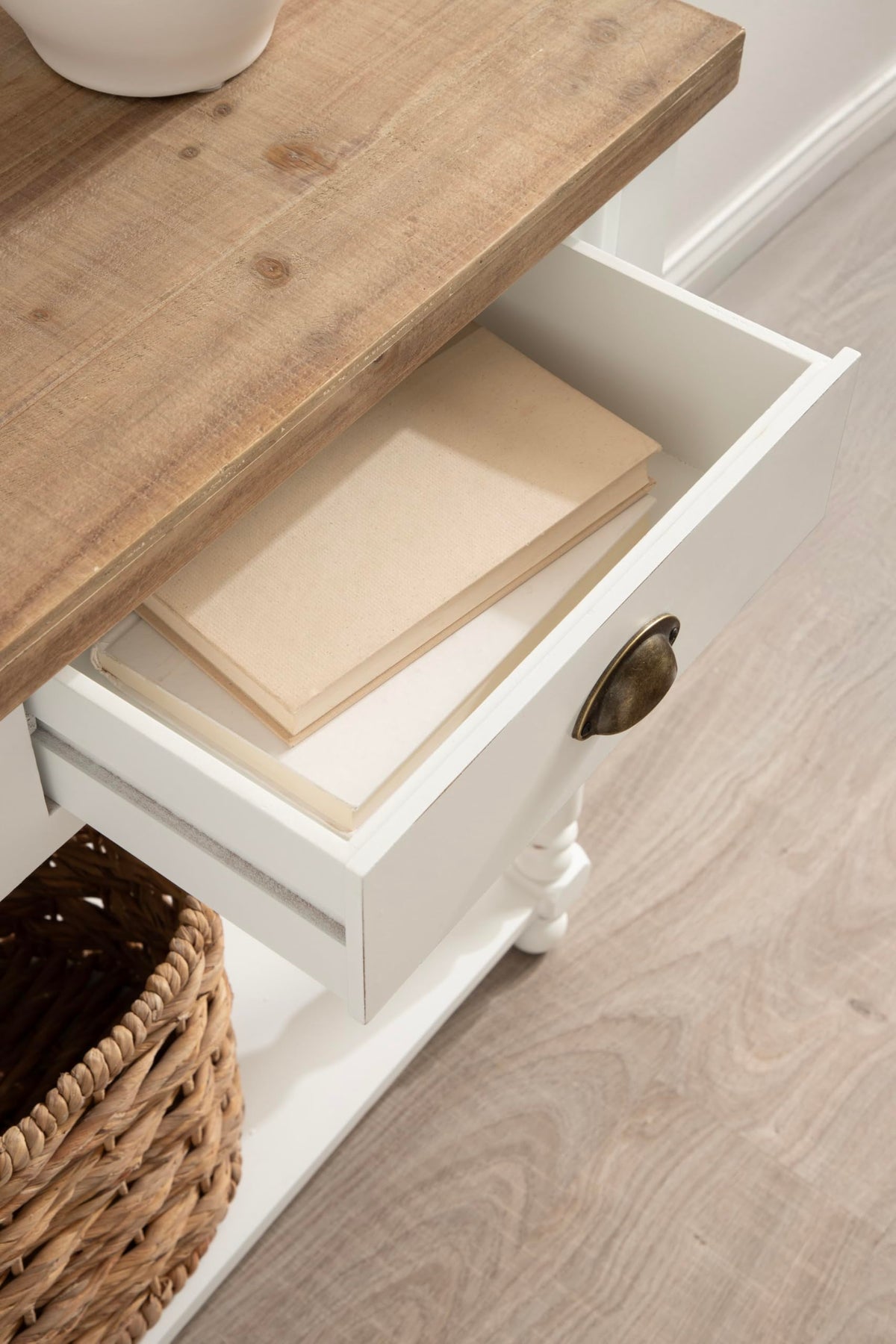 Kate and Laurel Rutledge Coastal Wooden Console Table with Shelf; 40 x 14 x 33; Hazelnut and White; Traditional Wood Entryway Table with Drawers and Decorative Turned Legs for Entry Storage Options