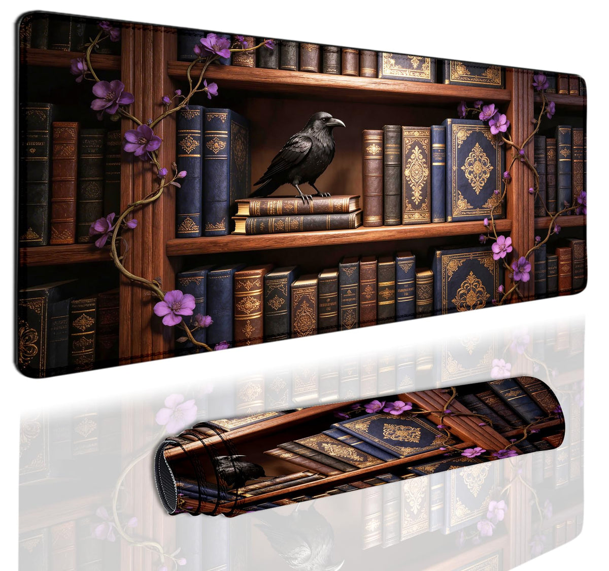 Extended Gaming Mouse Pad 31.5 x11.8 inch, Large Non-Slip Rubber Desk Mat for Gamers, Waterproof Smooth Surface for Precise Mouse Control, Washable Computer Keyboard Pad (Gothic Crow Library)