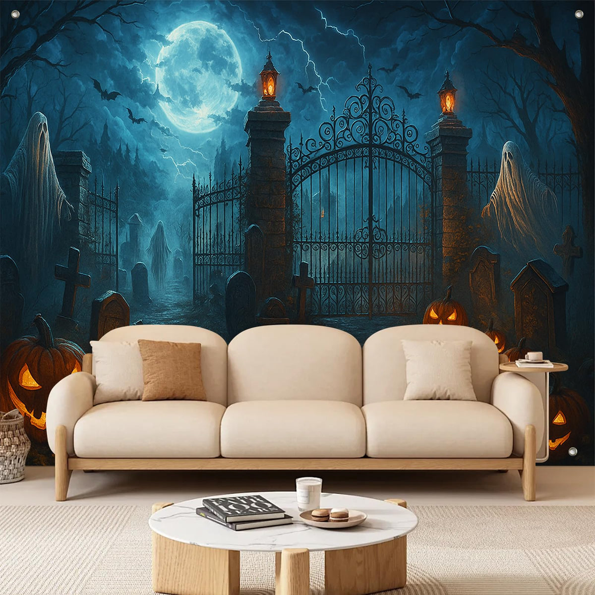 BlissYard Halloween Backdrop Banner for Party Decoration Photography Haunted Graveyard Ghosts Glowing Lanterns Full Moon 8x6ft Perfect for Spooky Halloween Party Horror Events
