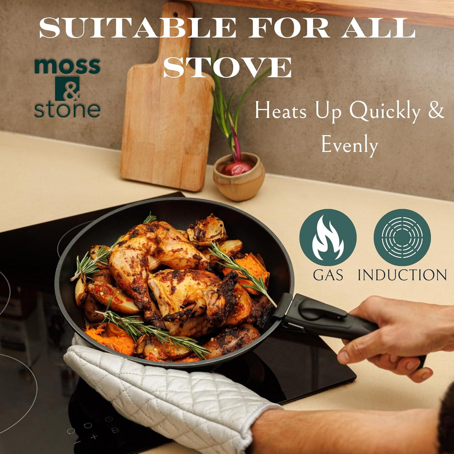 Moss & Stone Nonstick Cookware Set - 10-Piece Space-Saving Pans with Removable Handles | RV & Induction Ready