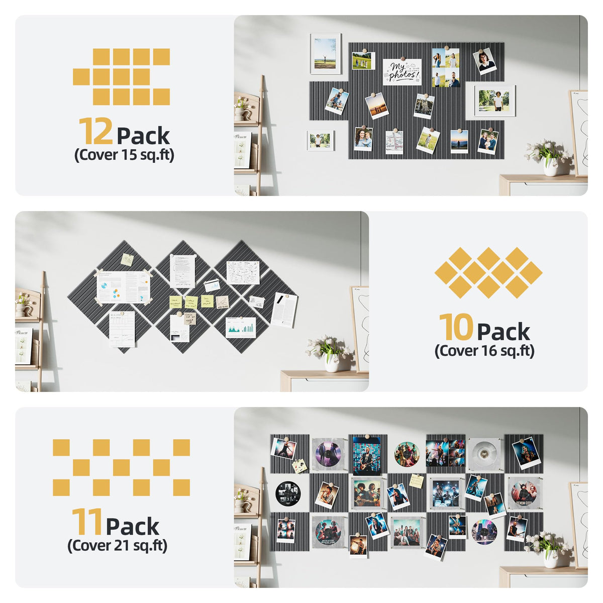 Large Cork Board for Wall 36" x 48" Black Bulletin Board with Safe Removable Adhesive Squares for Pictures Photos, Alternative CorkBoard Felt Pin Boards Tiles for Office Classroom Wall Decor-12 Pack