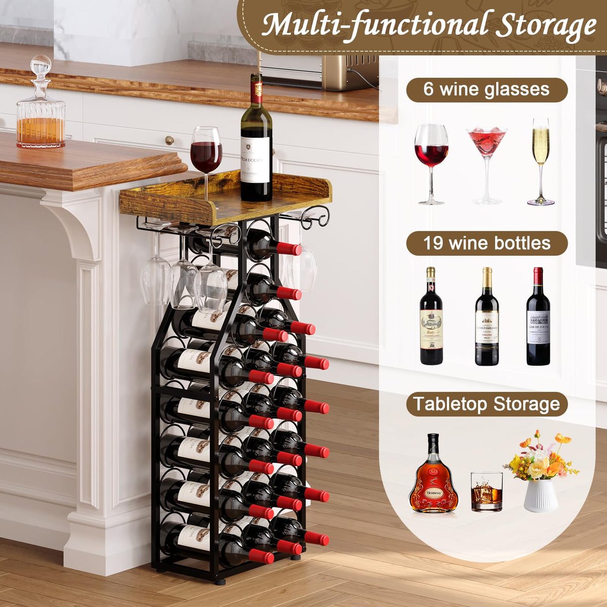 X-cosrack Wine Rack Freestanding Floor, Wine Storage Rack Mini Bar Table with Tabletop, Glass Holder Wine Bottle Display Stand Liquor Cabinet for Home Bar Kitchen Living Room