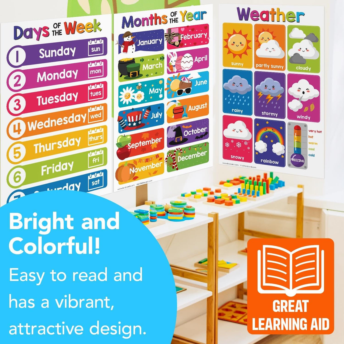 Time Educational Charts for Preschool to Gradeschool – Bright and Colorful Visual/Learning Aid Wall Art Poster for Classroom or Home | Printed on Glossy Durable Cardstock | 11" x 17" | 5 per Pack