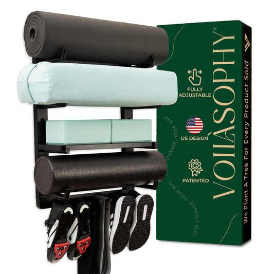 Yoga Mat Holder Wall Mount Home Gym Storage Organizer - Fully Adjustable, All Wood, Crafted Yoga Mat Rack Gym Shelf for Workout Equipment Storage. Unique Yoga Gift for Wall Yoga Storage, Plant a Tree!