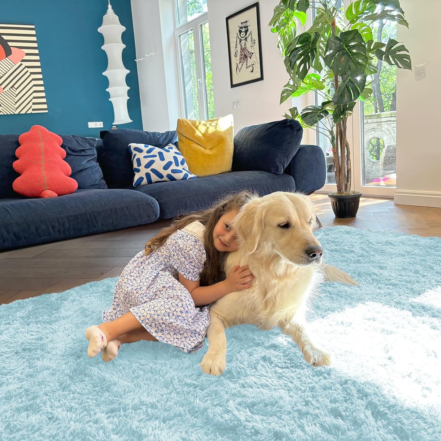 OLANLY Area Rug - Soft Fluffy Shaggy Design | Machine Washable 4x5.9 ft | Light Blue for Living Room & Bedroom