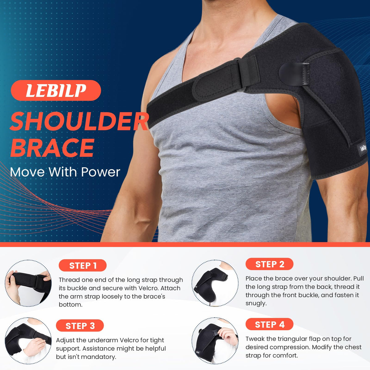 Lebilp Shoulder Brace with Adjustable Compression Sleeve for Rotator Cuff Support & Pain Relief, Hot/Cold Pack Compatible, Breathable Stabilizer with Arm Sling, Fits Left/Right Arm for Men & Women