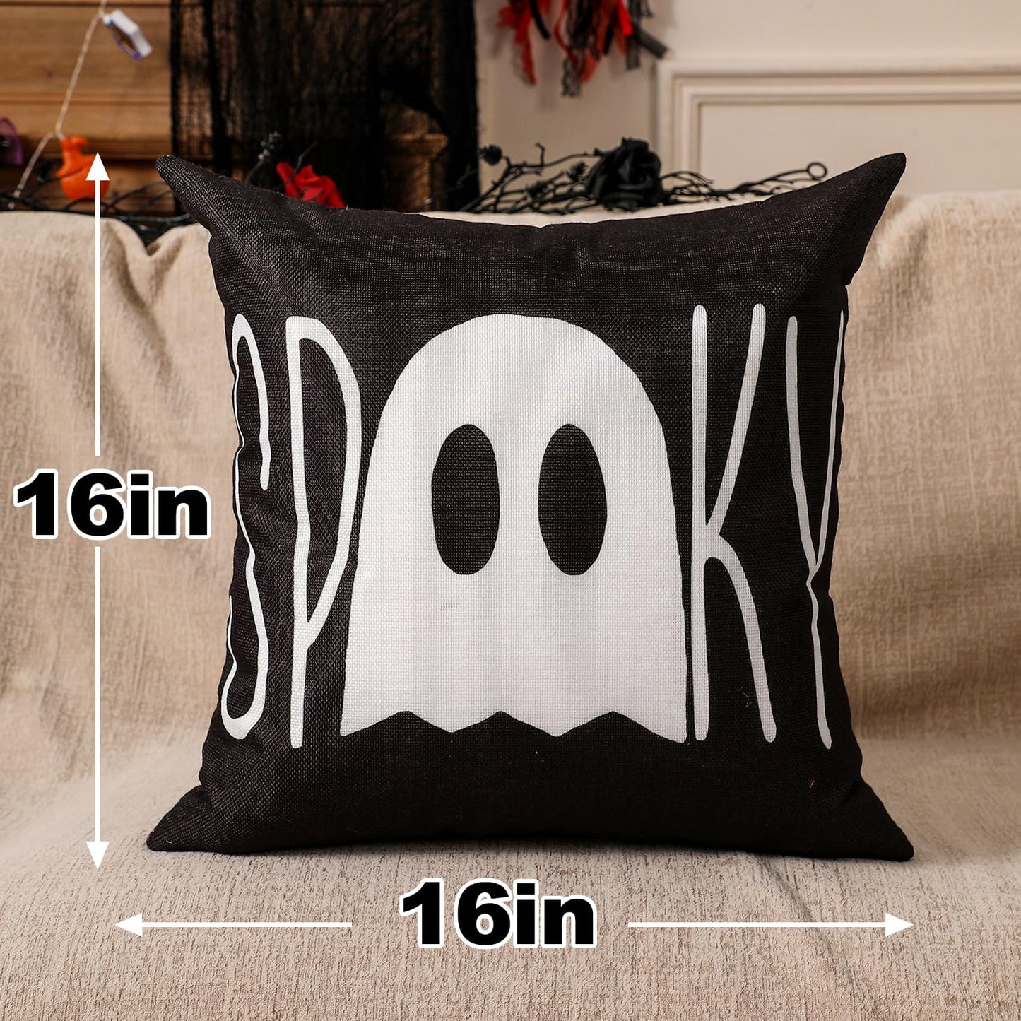 multiwins Halloween Decorations Set of 4 Double-Sided Print Ghost Pillow Covers 16" x 16", with 8 Cute Halloween Decor Patterns, Soft Linen Throw Pillow Covers for Outdoor & Indoor Use