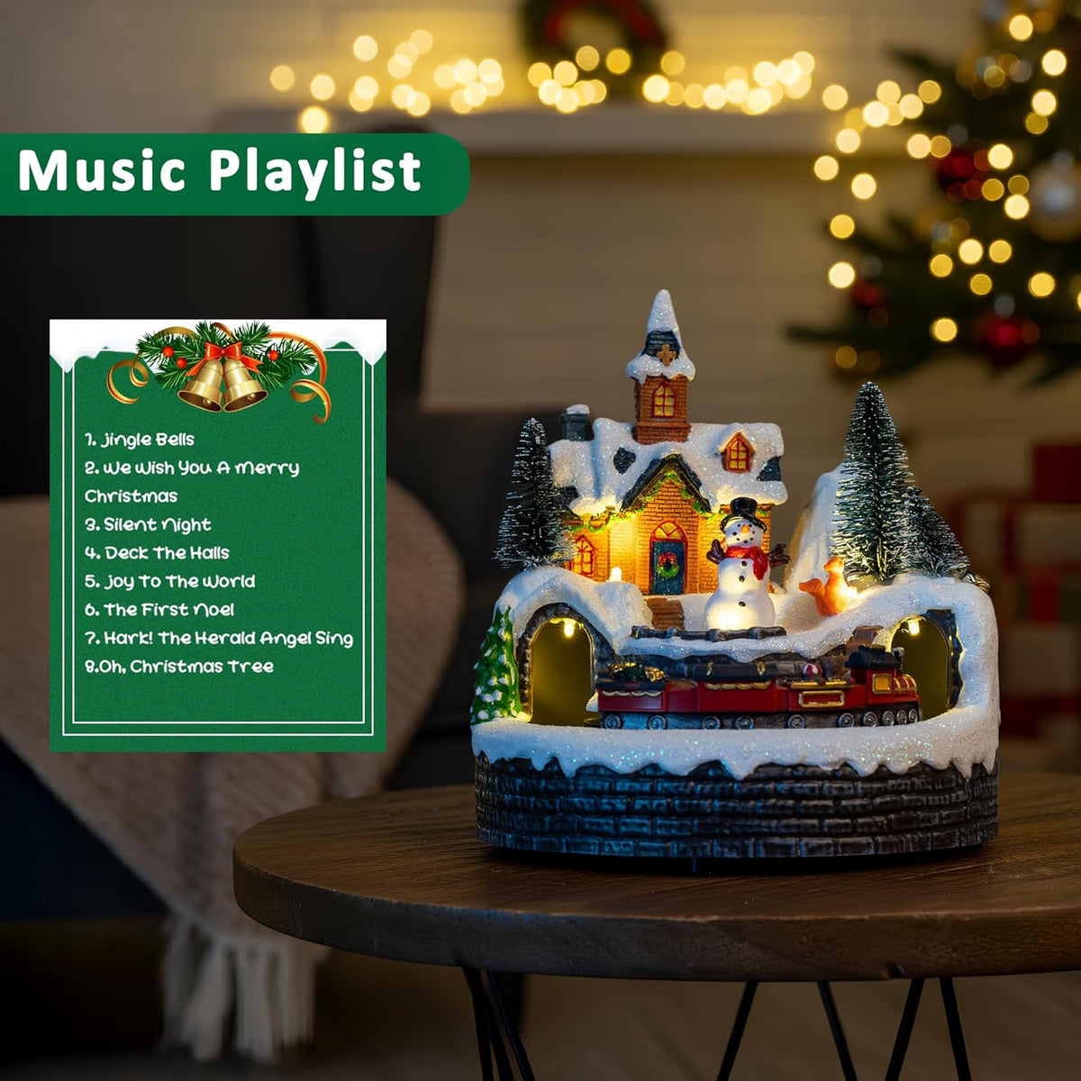 Skiennix Animated Musical Christmas Village Figurines - LED Lights & Rotating Train | Holiday Decor Gifts