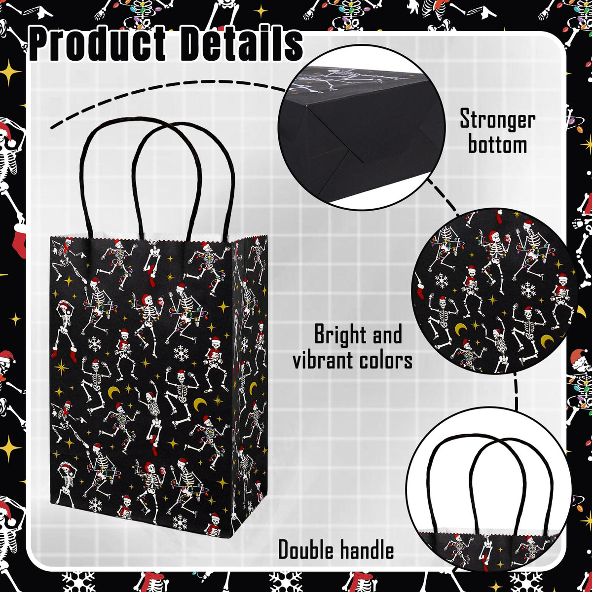JarThenaAMCS 24Pcs Gothic Christmas Gift Bags with Handles Black Dancing Skeleton Candy Goodie Bags for Xmas Gothic Party Favors Supplies