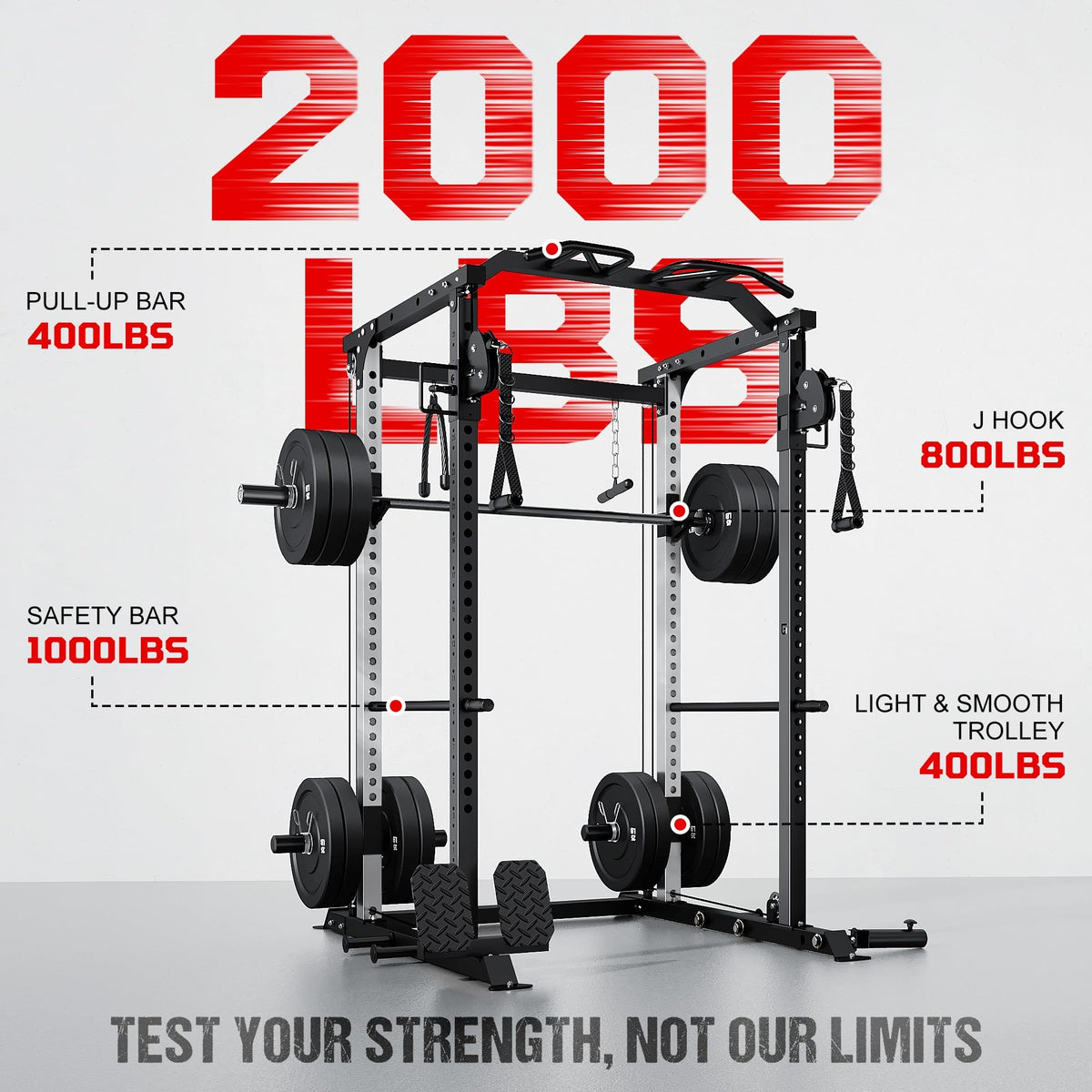 GOIMU DP01 Power Cage, 2000LBS Squat Rack with with Cable Crossover and Dual Independent Pulley System, Full Cage for Full Body Training, Power Rack with More Training Attachments for Home Gym(BK-Pro)