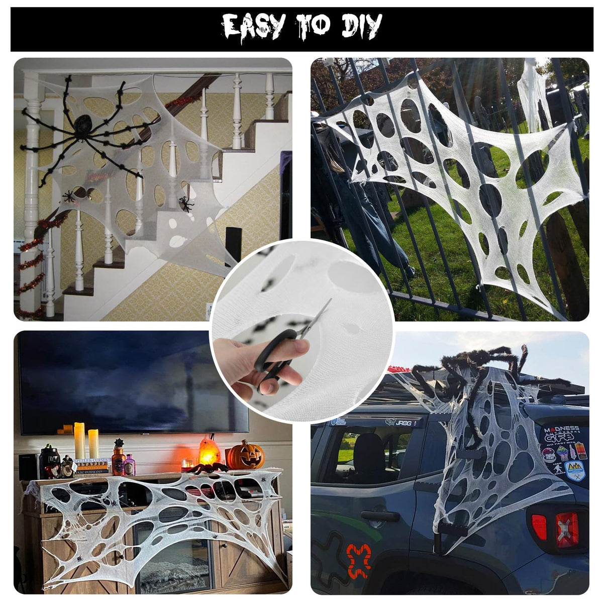 CESOF 2 Pack Giant Spider Web Halloween Decorations Outdoor, Pre-Cut Beef Netting Spiderwebs Super Stretchy DIY Spider Webbing with Stakes, Gauze Cobwebs for Haunted House Yard Garden Home Party Decor