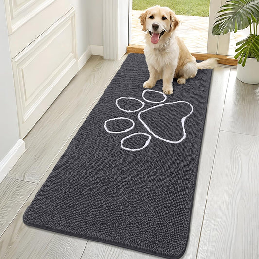 OLANLY Dog Door Mat - Absorbent Non-Slip Chenille for Muddy Paws | 70x32 Dark Grey Paw Print Design