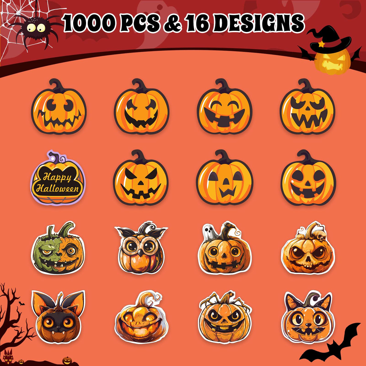 Thanksgiving Stickers for Kids,1000pcs Thanksgiving Character Stickers with 16 Patterns of Pumpkin, Use for Decorating Party, Envelope Seals Label and Candy Bags Sealing