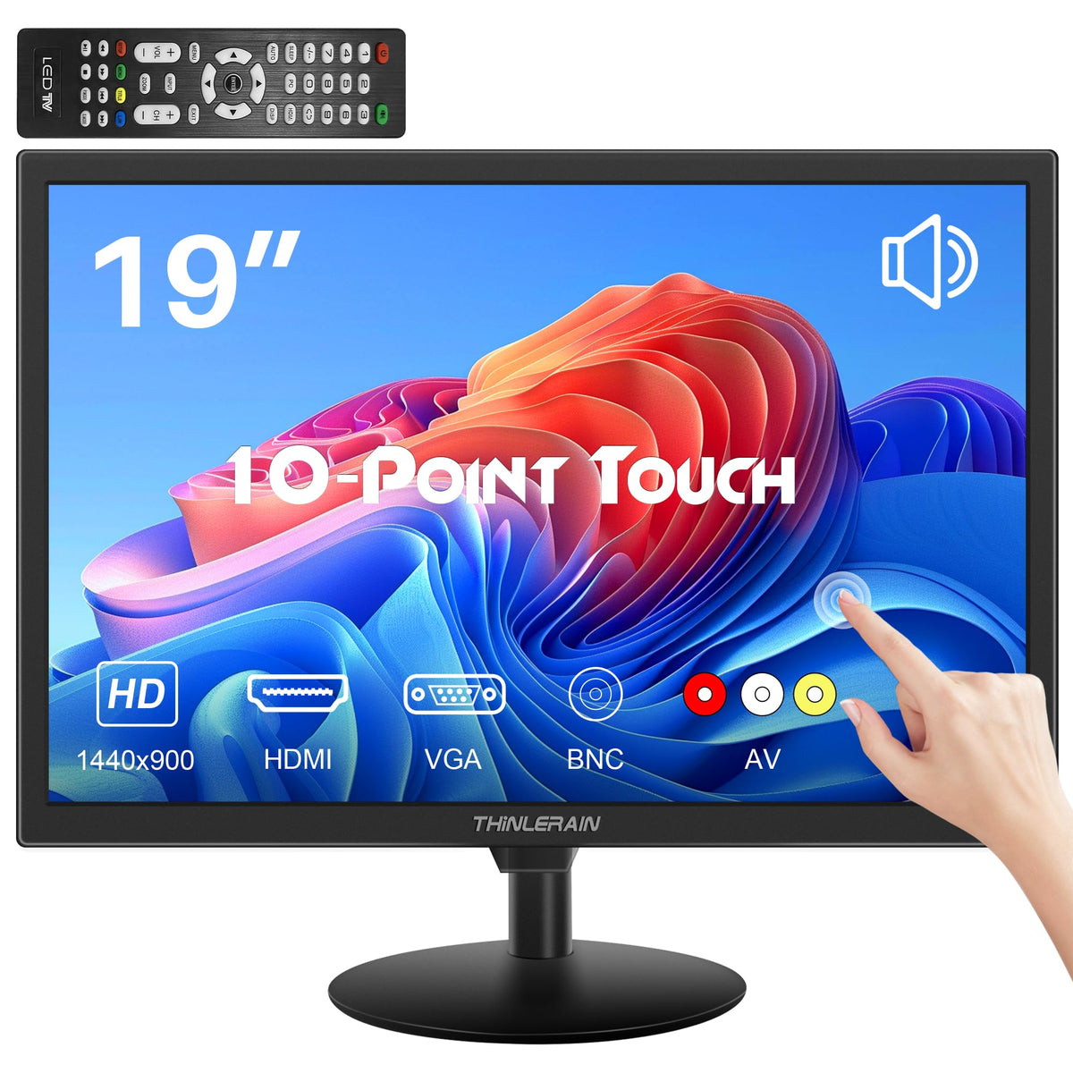 Thinlerain Touchscreen Monitor 19 Inch, 10-Point Multi Touch Screen Monitor 1440×900 HD Display with HDMI VGA AV BNC USB Ports, VESA, Build-in Speakers for POS, Office, and Industrial Use