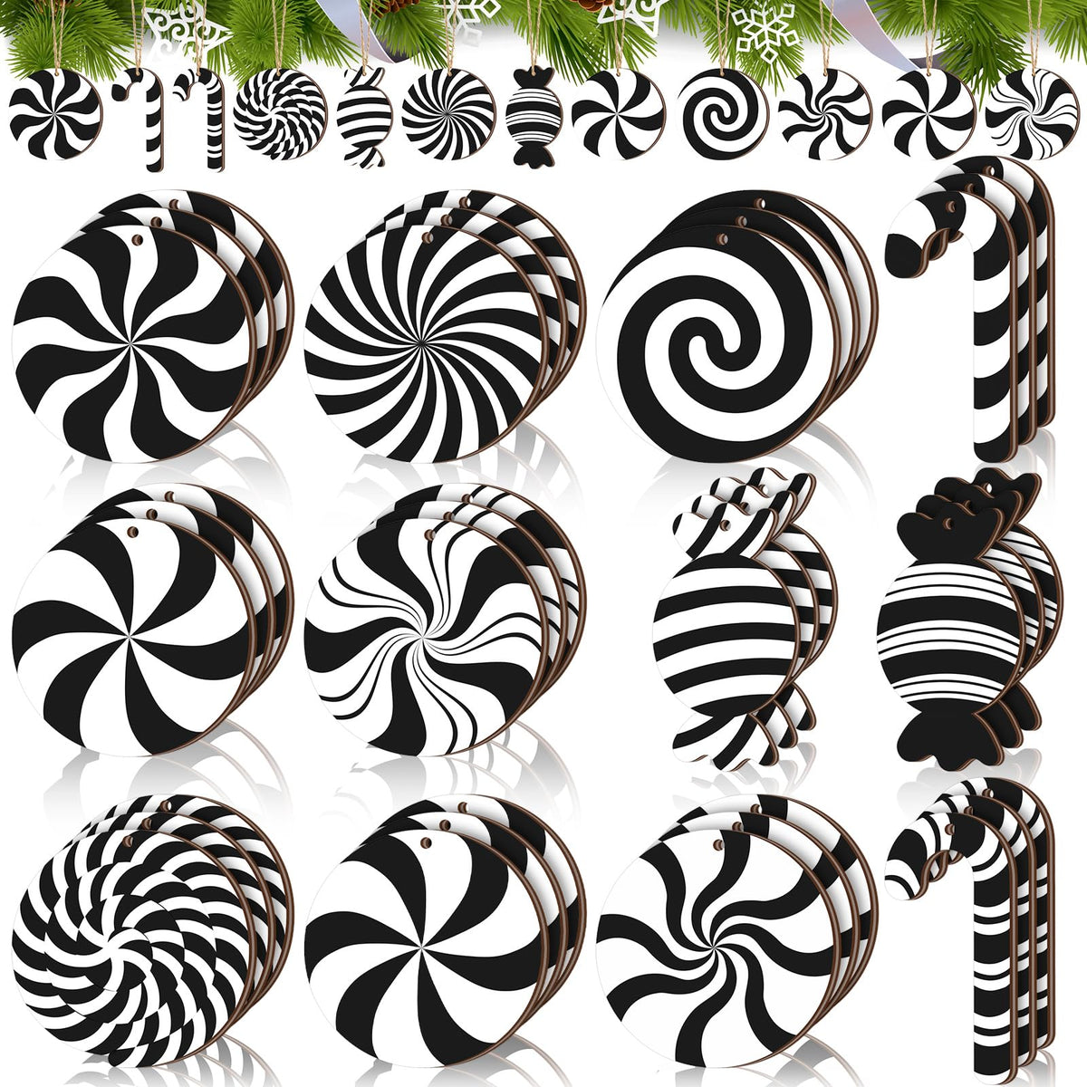 Qunclay 36 Pcs Christmas Candy Hanging Ornaments Wooden Christmas Tree Decorations Black and White Xmas Peppermint Lollipop Ornament Set for Holiday Birthday Party Decoration Supplies Crafts Gifts