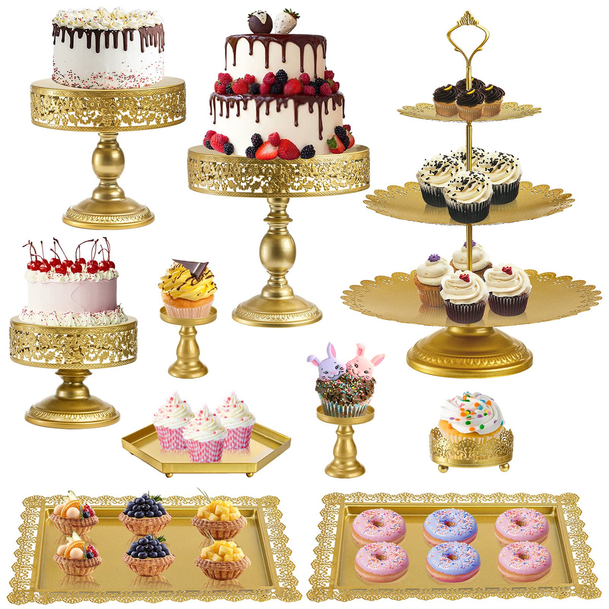 Jucoan 10 Pieces Gold Metal Cake Stand Set, Cupcake Holder Pastry Candy Fruits Serving Plate, Gold Dessert Table Stands and Trays Set for Wedding Birthday Baby Shower Bridal Shower Tea Party