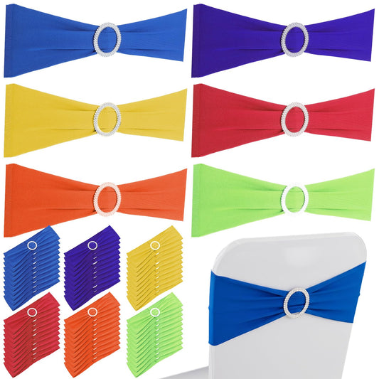 60 PCS Spandex Chair Sashes Bows,Stretch Colored Chair Solid Bows Wedding Chairs Bands with Buckle for Wedding Fiesta Party Favor Ceremony Baby Shower Banquet Reception Mardi Gras Decoration