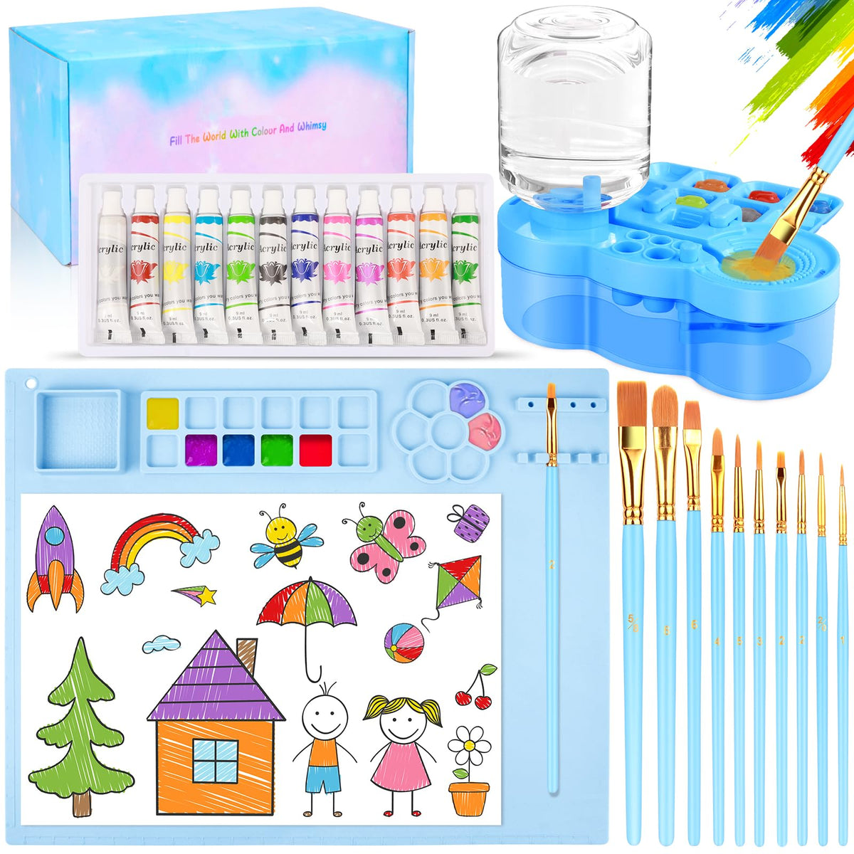 Art Painting Kits, Paint Station, Including Upgraded Paint Brush Cleaner, 20"X16" Silicone Painting Mat, 12 Colors Acrylic Paint Set and 10 Paint Brushes, Painting Supplies Kits(Blue)