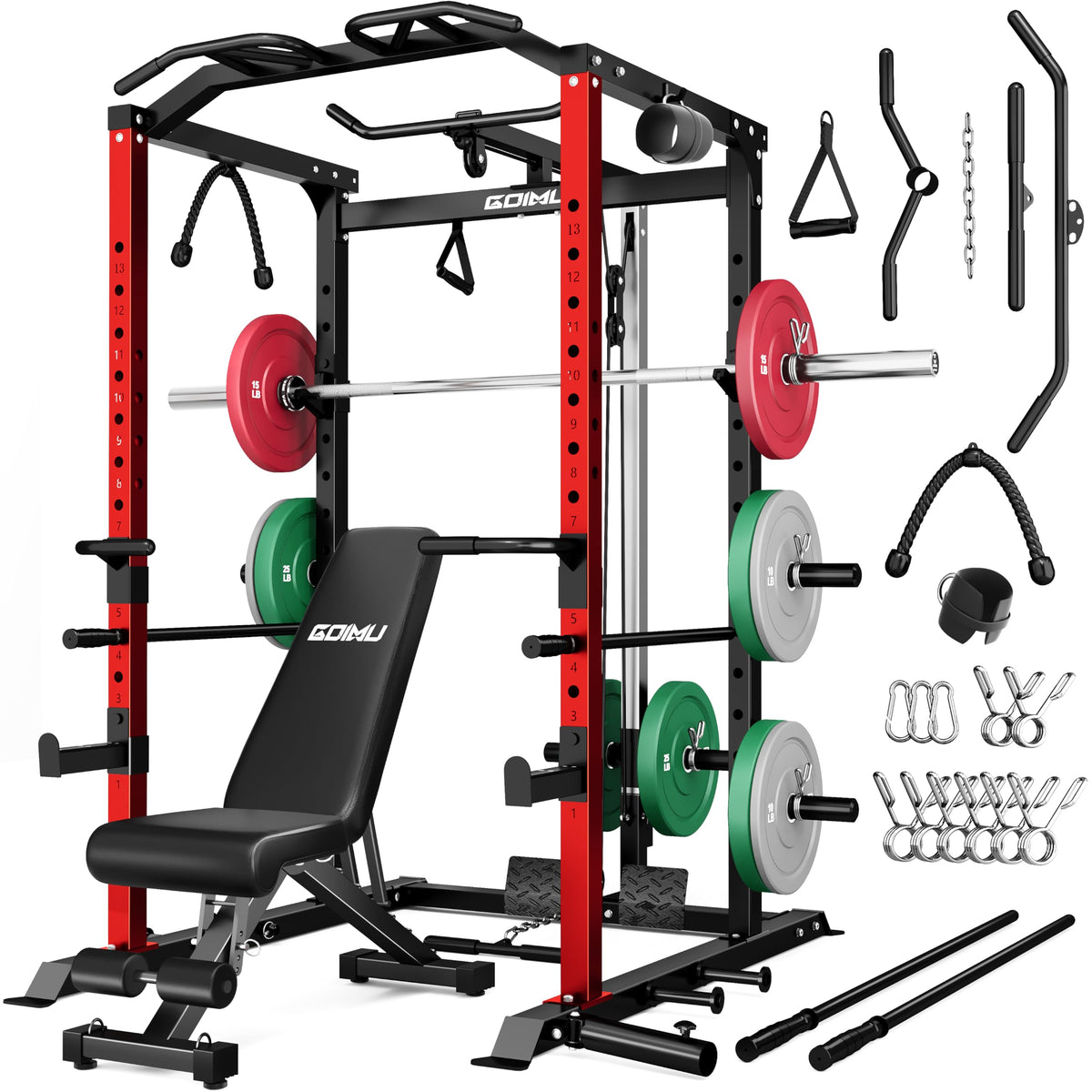 Goimu C1-V4 Power Cage, 2000LBS Squat Rack with LAT Pulldown, Multi-Function Weight Cage Strength Training Machine, Workout Cage with More Attachments for Home Gym Garage (220LBS RD Home Gym Package)