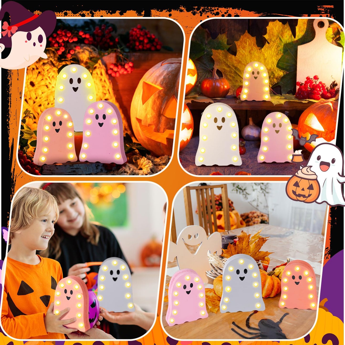 Tujoe 3 Pcs Halloween Decorations Light Up Wooden Ghost Light Up Ghost Kit Pink Halloween Table Centerpiece for Home Decor Kitchen Mantel Tabletop Windowsill