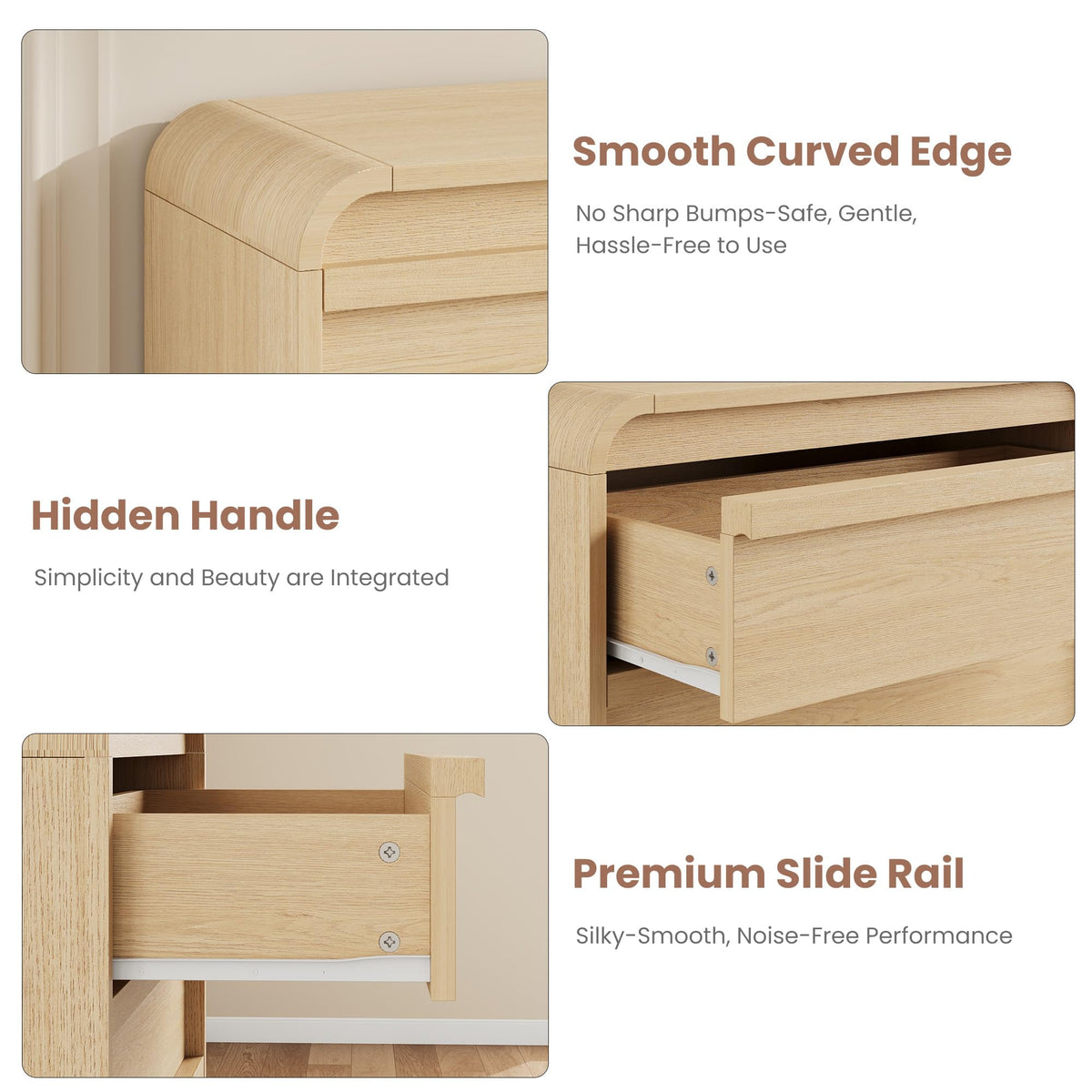 Garvee 5 Drawer Dresser for Bedroom, 45" Tall Wooden Dressers with Curved Profile Design, Mid Century Chest of Drawers Closet Clothes Storage Organizer for Living Room, Entryway, Nursery, Natural
