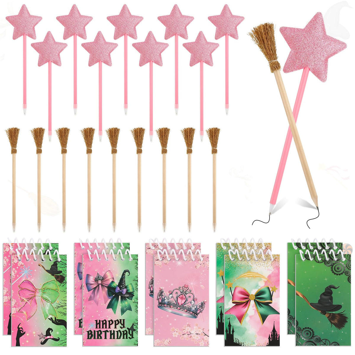 libfrnt 40 Pcs Princess and Witch Party Favors Include 10 Witch Broom Pencils 10 Pink Star Ballpoints 20 Mini Notebooks for Wizard Birthday Witch Halloween Party Supplies