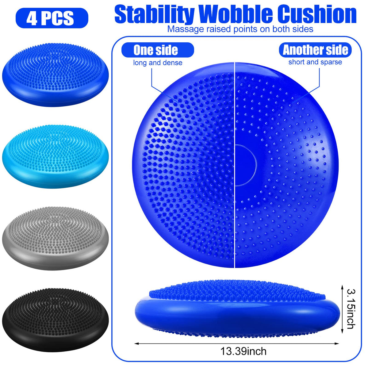 Sotiff 4 Pcs Inflated Wobble Cushion Flexible Wiggle Seat 14” L x 3.2” H Stability Balance Disc with Pump for Sensory Adult Physical Exercise Equipment(Black, Gray, Dark Blue, Light Blue)