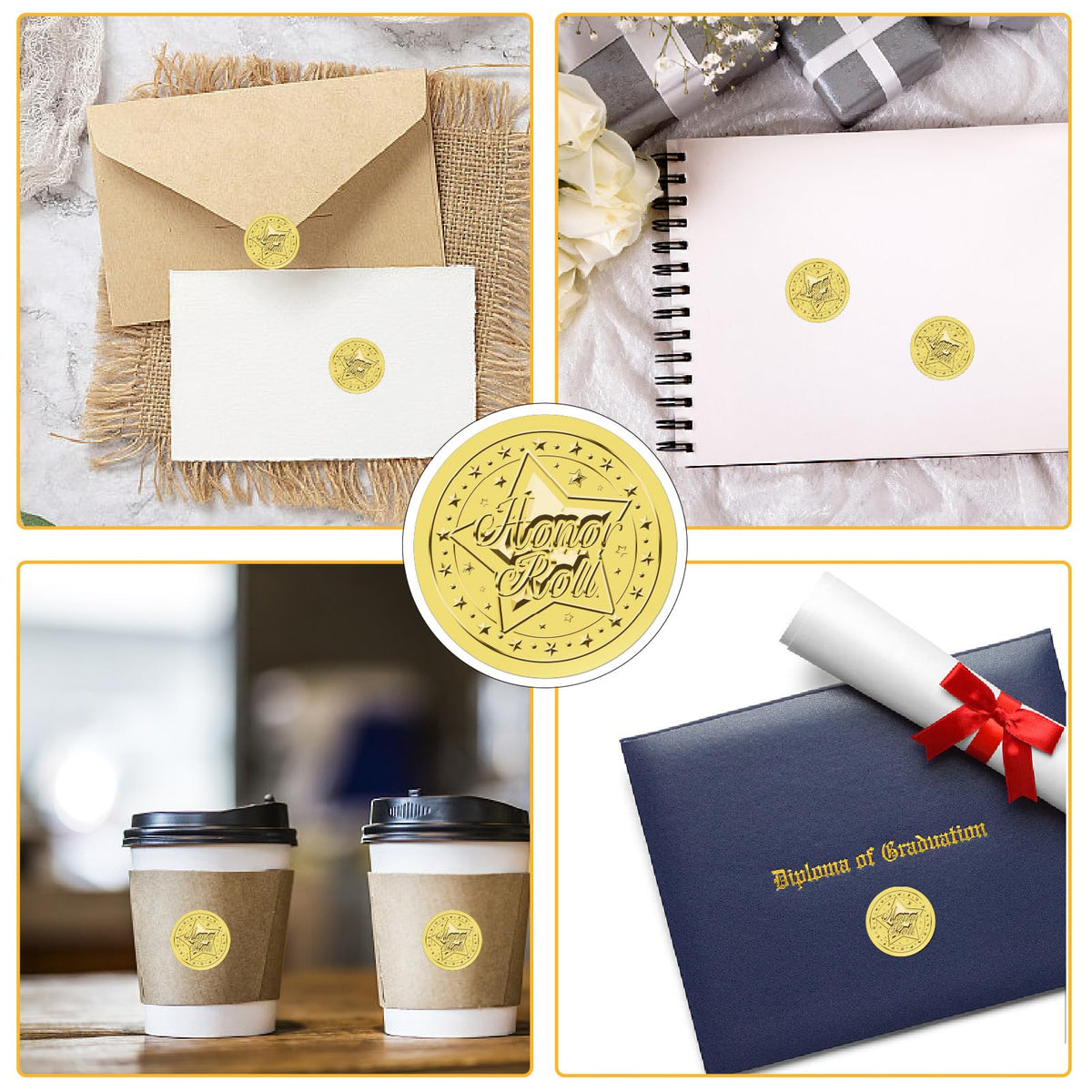 CRASPIRE 625Pcs Honor Roll Star Gold Certificates Stickers 1.5" Foil Embossed Self Adhesive Envelopes Seals Round Labels for Invitation Graduation Award Corporate Diplomas Wedding Gift Wrapping Decor