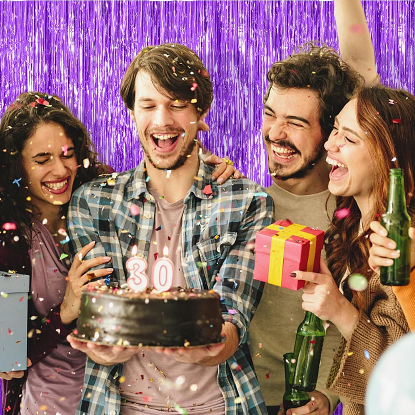 Skiennix Foil Curtain Backdrop - Purple Metallic Tinsel Fringe for Parties | 2 Pack