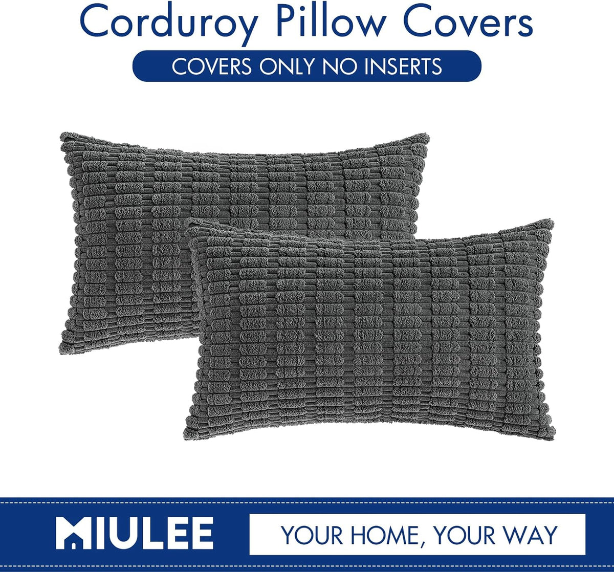 MIULEE Corduroy Lumbar Throw Pillow Covers - Soft Boho Striped Design | 20x12 Inch Dark Grey for Modern Home Decor