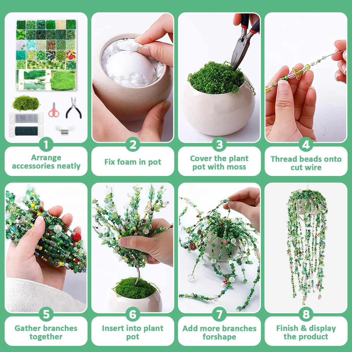 5422PCS Forever Plant Bead Kit, Green Glass Beads for Beaded Plants & Succulent DIY Crafts, Sun Catcher Home Decor Kit with Leaf Flower Beads, Moss, Floral Wire,Bead Stop Clamp (no pot & foam block)