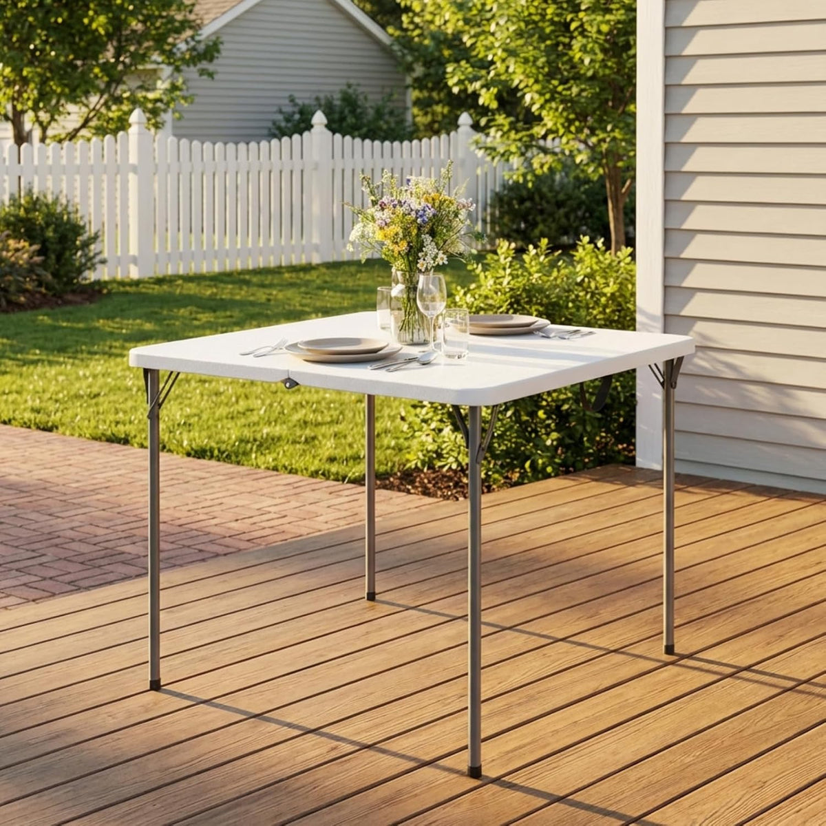 34" Square Folding Table - Heavy-Duty Steel Legs & HDPE Top | Portable 4-Person Picnic Table, White
